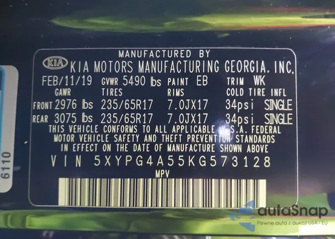 2019 Kia Sorento 3.3L Lx из США, поврежденный, VIN 5XYPG4A55KG573128